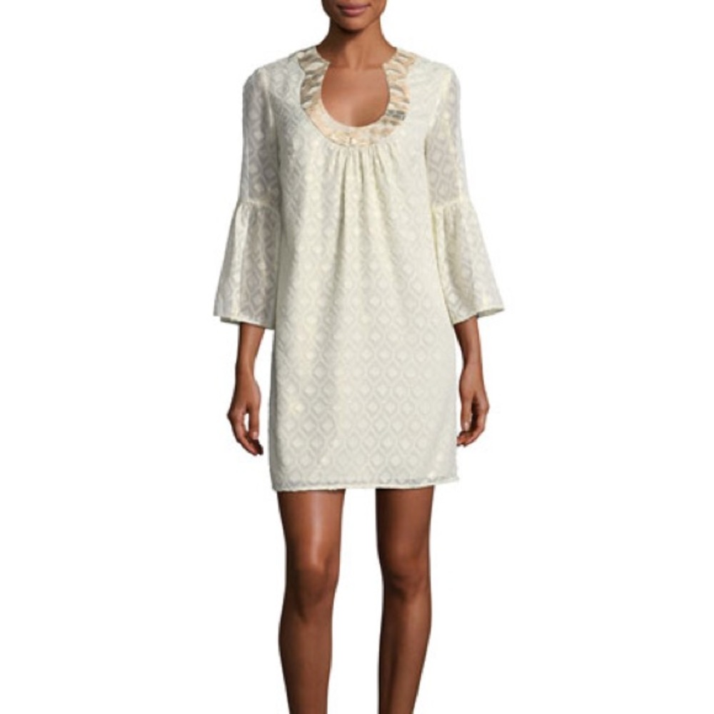 TRINA TURK Bonita Bell Sleeve Dress Gold Whitewash Cream Metallic minidress